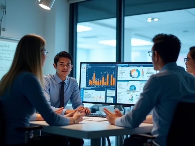 팀원들이 디지털 대시보드를 보며 협업하는 모습